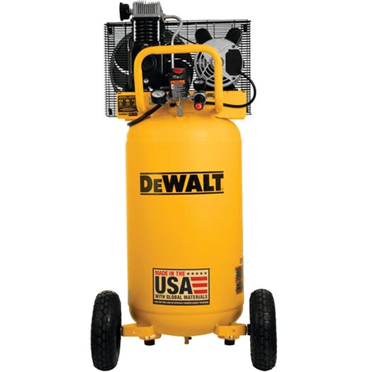 Product shot of a DeWalt 25 Gallon portable air compressor