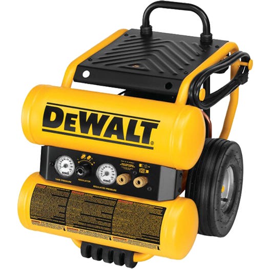 Product shot of a DeWalt 4 Gallon, 90 psi air compressor 