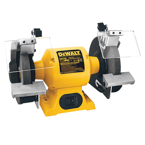 Product shot of DeWalt electric bench grinder with two grinding wheels on a white background 