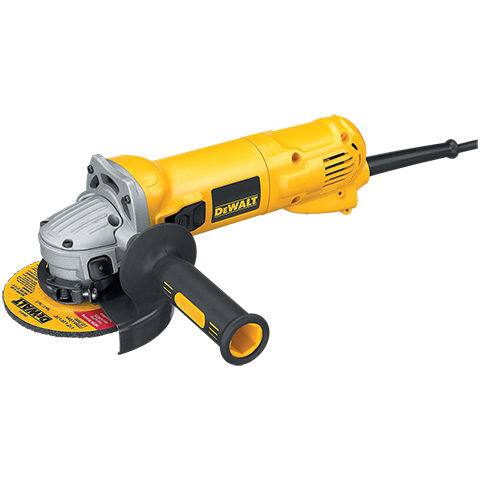 Product shot of a DeWalt Angle Grinder on white background