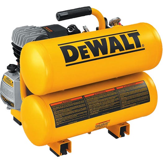 Product shot of a DeWalt 4 Gallon handy carry air compressor on a white background